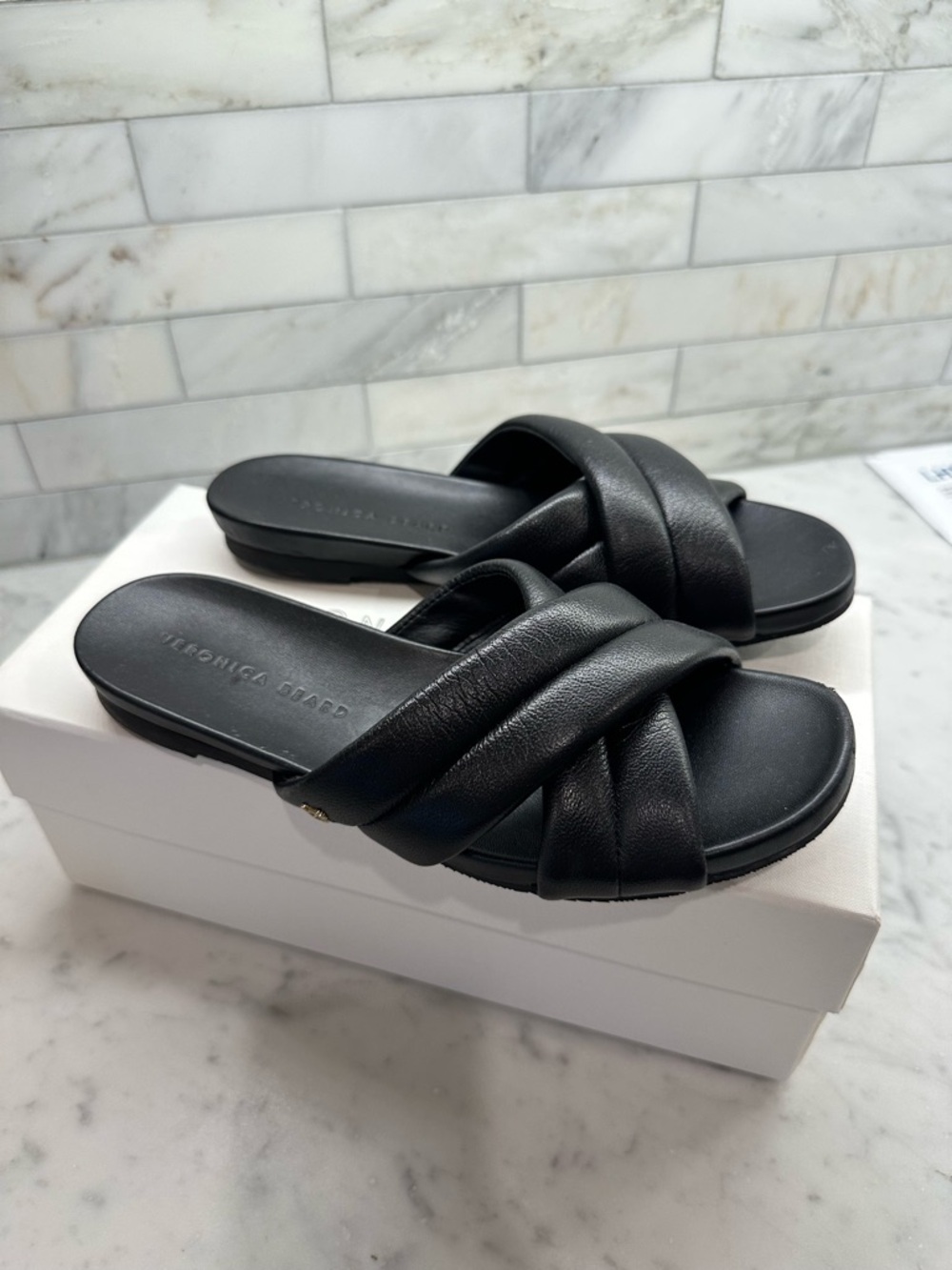 Veronica Beard Elise Black Leather Cross-Strap Slide Sandals